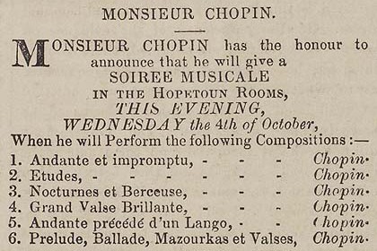 The announcement of the Chopin soirée at the Hopetoun Rooms in October 1848, which appeared in the Edinburgh Advertiser and The Scotsman